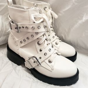 XOXO Boots Gregor White Studded Buckle Combat Booties